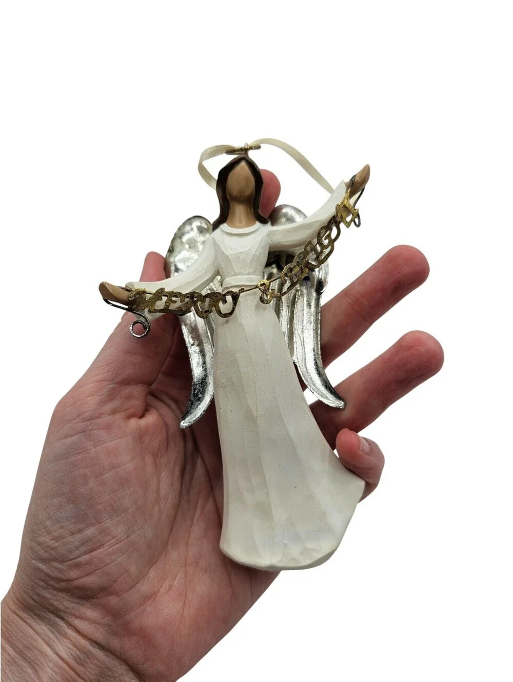 Dancing Angel Christmas Ornament White Resin Angelic Wings Holiday